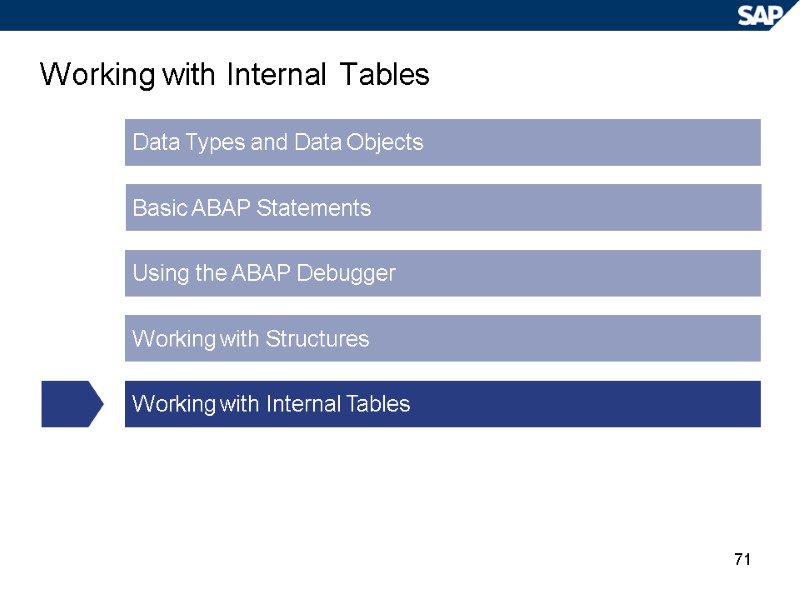 71 Working with Internal Tables Data Types and Data Objects Basic ABAP Statements Using